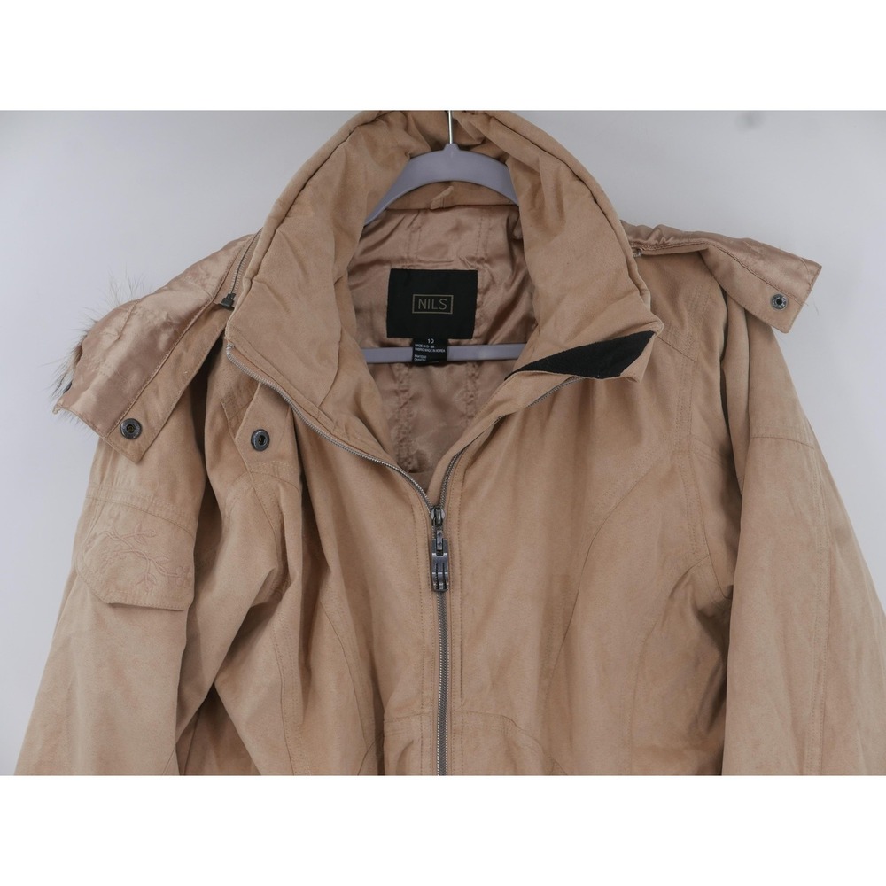 NILS Jacket Beige Ski Parka Belted Hooded Faux Fur Trim Insulated Women's 10